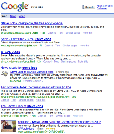 Google universal search, showing results from the web, news, and videos (2007)